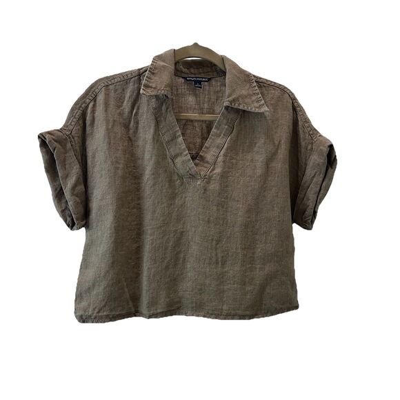Banana Republic Tops - Banana Republic Cruz Linen Utility Top Off White Brown V-Neck Short Sleeve Sz S